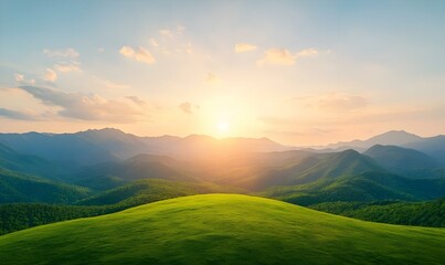 Fototapeta premium Romantic sunset over lush green hills, vibrant colors blending in the sky, creating a serene and enchanting atmosphere.
