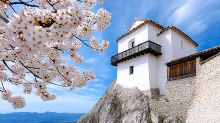 Historic castle perched on hill with cherry blossoms in bloom