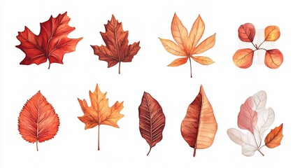 Maple and dry autumn leaves clip art, ideal for creating fall backgrounds with a white backdrop