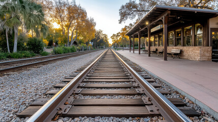 Historic train station with tracks leading into sunset