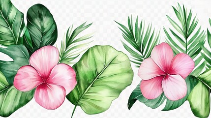 Tropical Paradise: A vibrant and lush watercolor illustration featuring delicate pink hibiscus flowers nestled amongst vibrant green tropical leaves, exuding a sense of tranquil paradise. 