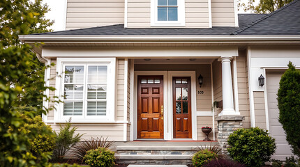 Dream House Exterior: Stunning Home Design with Landscaping and Columns. A perfect example of modern home architecture with beautiful landscaping and elegant entrance.