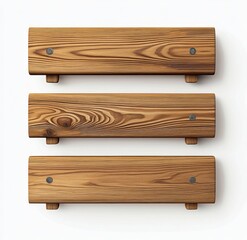 Three horizontal rustic wooden planks isolated on white.