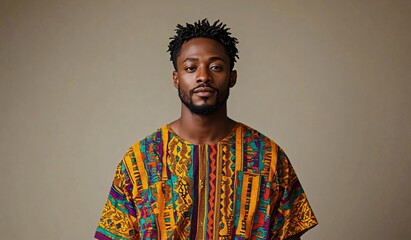 Fototapeta premium A confident African man in vibrant traditional attire against a light beige backdrop, suitable for cultural events, fashion promotions, or identity celebrations.