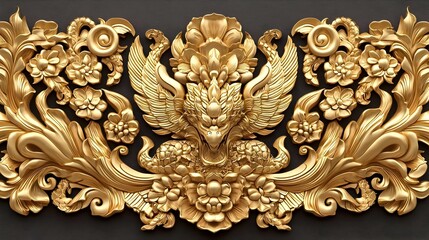 Thai gold leaf wall hanging, intricate design, cultural artistry, vibrant textures, traditional craftsmanship, decorative elegance, rich heritage.