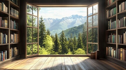 Naklejka premium Scenic Mountain View Through Bookshelf Framed Open Window