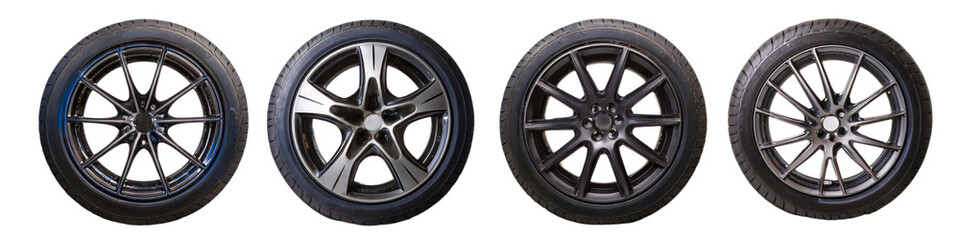 Set of stylish car wheels with modern rims isolated on transparent background