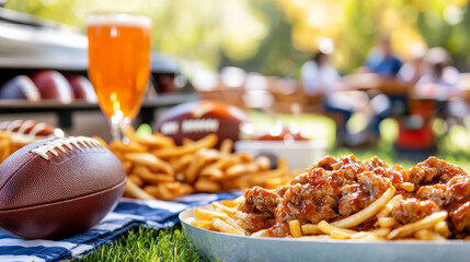 Delicious food and drinks at tailgate picnic with family and friends, featuring football, fries, and refreshing beverage in sunny outdoor setting © Kunut