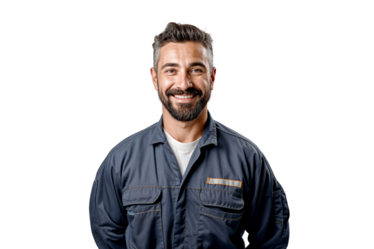 Portrait of a smiling mechanic worker, isolated on white background - Powered by Adobe