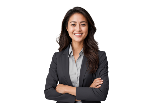 Confident businesswoman in suit with arms crossed, smiling nicely, isolated on white background