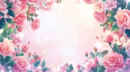 Obraz premium Dreamy floral frame with pink roses and delicate blossoms, creating soft and romantic atmosphere. Perfect for invitations or decorative backgrounds