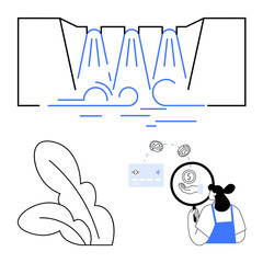 Woman examines financial elements with a magnifying glass. Waterfall and botanical elements included. Ideal for finance, analysis, environment, nature, research, personal finance, eco-friendly