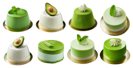 Variety of gourmet avocado desserts isolated on transparent background perfect for restaurant menus or culinary content