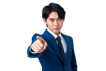 Japanese businessman in suit pointing at something or showing gesture, isolated on transparent background