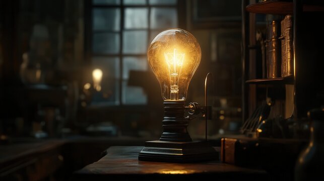 artistic rendering of the first light bulb invented by Thomas Edison, glowing in a dark room