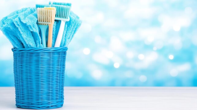 Blue Cleaning Brushes in Wicker Basket with Towels