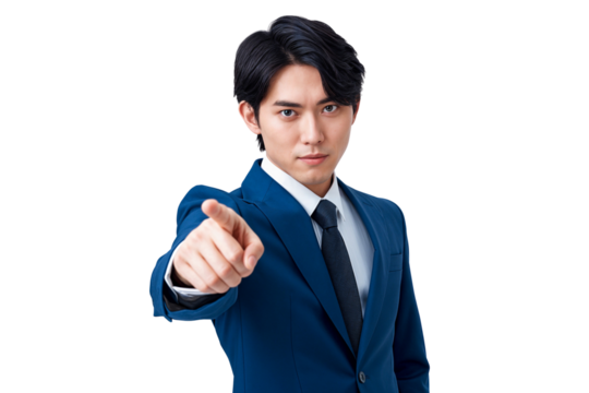 Japanese businessman in suit pointing at something or showing gesture, isolated on transparent background
