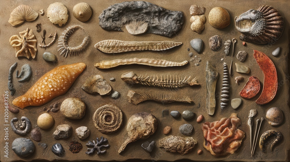 Fototapete educational illustration showing the different types of fossils, such as body fossils, trace fossils