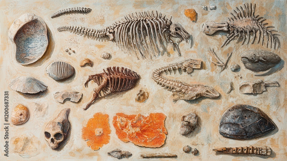 Fototapete educational illustration showing the different types of fossils, such as body fossils, trace fossils