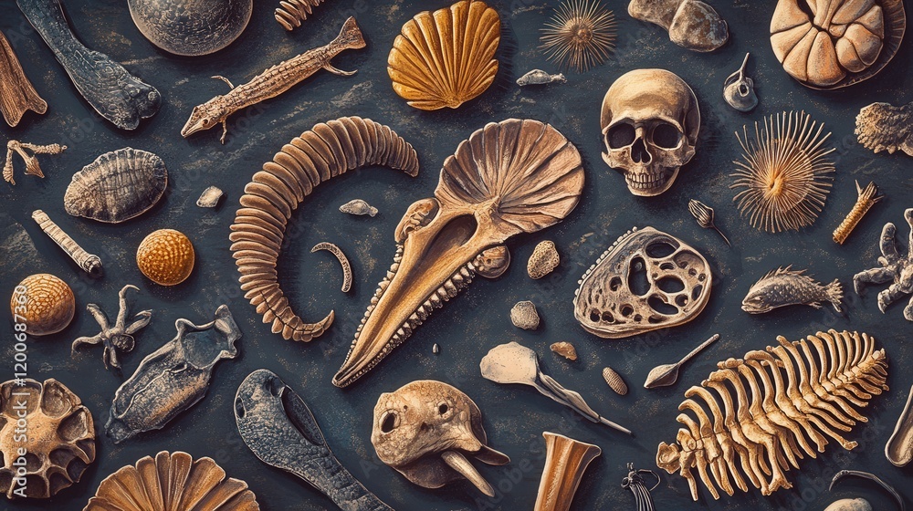 Fototapete educational illustration showing the different types of fossils, such as body fossils, trace fossils