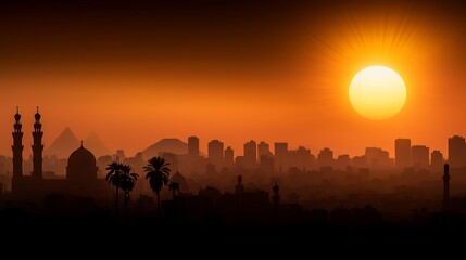 Naklejka premium Sunset silhouette of Cairo cityscape with pyramids and mosques.
