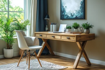 Fototapeta premium Stylish and functional desk with storage, light wood grain, white metal chair, stationery items, potted plant, and art piece in a modern office setting.