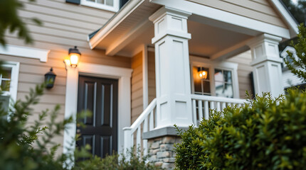 Elegant Home Exterior: Dream House Design and Architecture. Captivating facade, charming porch, and meticulous landscaping create a welcoming atmosphere.
