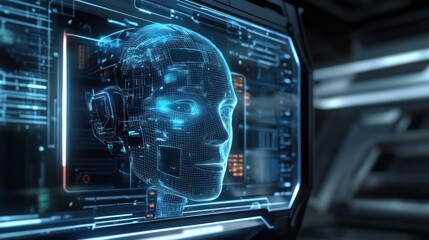 Futuristic holographic head displayed on a digital screen.