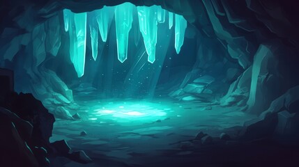 glowing mineral deposits in hues of blue and green, casting a serene light across the cavern, creating an ethereal and magical atmosphere for any adventurer.