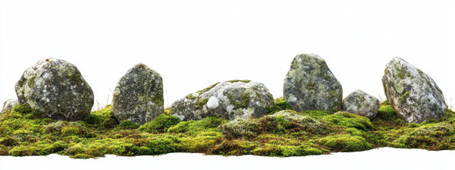 A row of large, weathered stones surrounded by lush green moss on a white background, creating a serene, natural landscape.