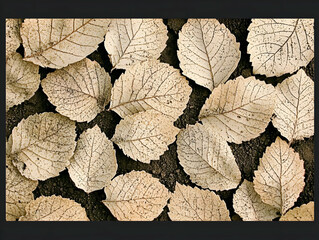Dried Leaves Scattered on the Ground, Detailed Veins and Texture Visible in Close-Up View.
