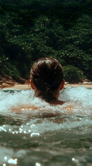 Woman swims in tropical ocean water with lush green forest in the background.