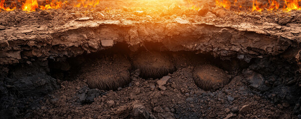 Fototapeta premium Underground layers of earth with roots and flames above, showcasing nature intensity