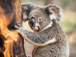 Obraz premium Koala clinging to burning eucalyptus tree, showcasing resilience in nature