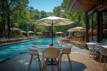 Obraz premium White plastic table and chairs with umbrella by the pool, surrounded by green trees on a sunny summer day, with a wooden floor and resort-style hotel swimming pool in the background.