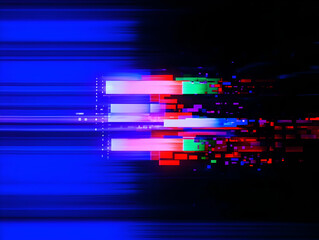Abstract Background Shows Colorful Pixelated Glitch Effect with Blue Streaks and Dynamic Visuals.