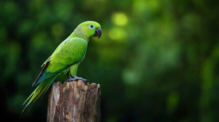 vibrant green bird perched on tree stump in lush forest setting, showcasing nature beauty and tranquility
