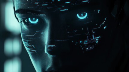 Close-up of a futuristic woman's face with glowing blue digital interface overlays on her skin and eyes.