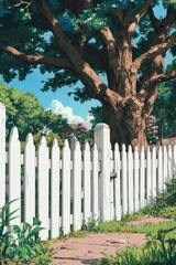 A white picket fence with plants and grass, blue sky on sunny day background