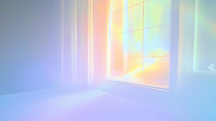 Iridescent Window Illuminates Empty Room with Soft Pastel Light from the Window, Creating a Dreamlike Atmosphere