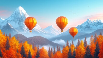 Fototapeta premium Three orange hot air balloons soar over a majestic autumnal mountain range