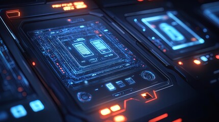 A futuristic digital voting interface with holographic ballots and glowing touch screens