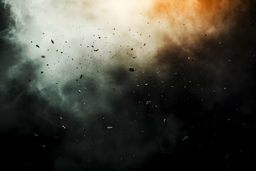 Abstract background of dark and light smoke with scattered debris creates a dramatic and mysterious ambiance