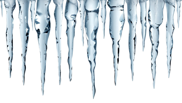 A stunning collection of crystal-clear icicles, showcasing nature’s artistry with exquisite detail and vibrant reflections, isolated on a transparent background for versatile use