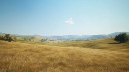 cloudless sky, with undulating hills of grasses and the occasional stand of trees, creating an expansive and tranquil landscape that stretches to the horizon