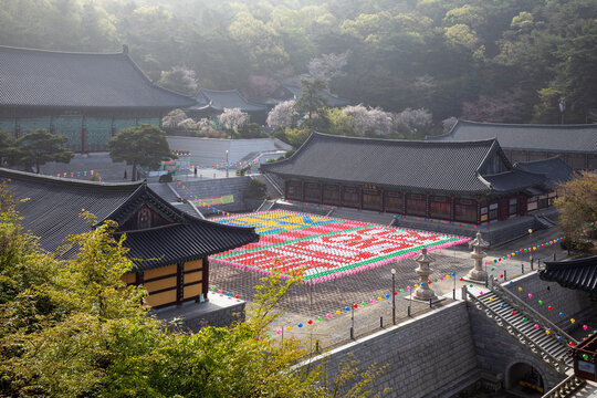 Anseo-dong, Cheonan-si, Chungcheongnam-do, South Korea - April 17, 2024: Spring view of lotus lantern on the yard amid tile roof of Buddhist sanctuary at Gagwonsa Temple