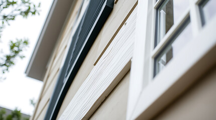 Obraz premium Architectural Detail: Charming House Exterior with White Wood Siding and Dark Shutters