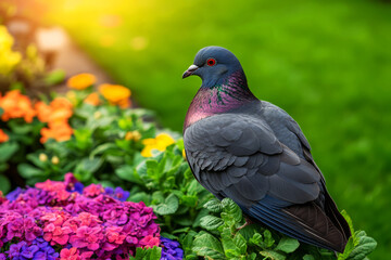 Fototapeta premium Elegant Gray Pigeon Resting on Colorful Flower Bed Amidst Lush Greenery in Soft Evening Light