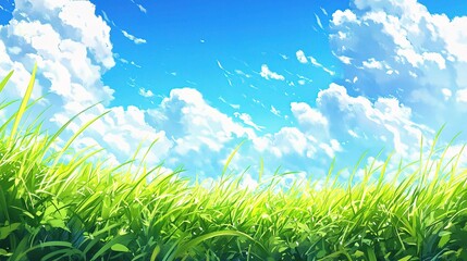 Obraz premium Lush Green Grass in a Bright Sunny Spring Field Under Blue Sky