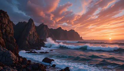 Obraz premium Dramatic sunset over rocky coastline with crashing waves.
